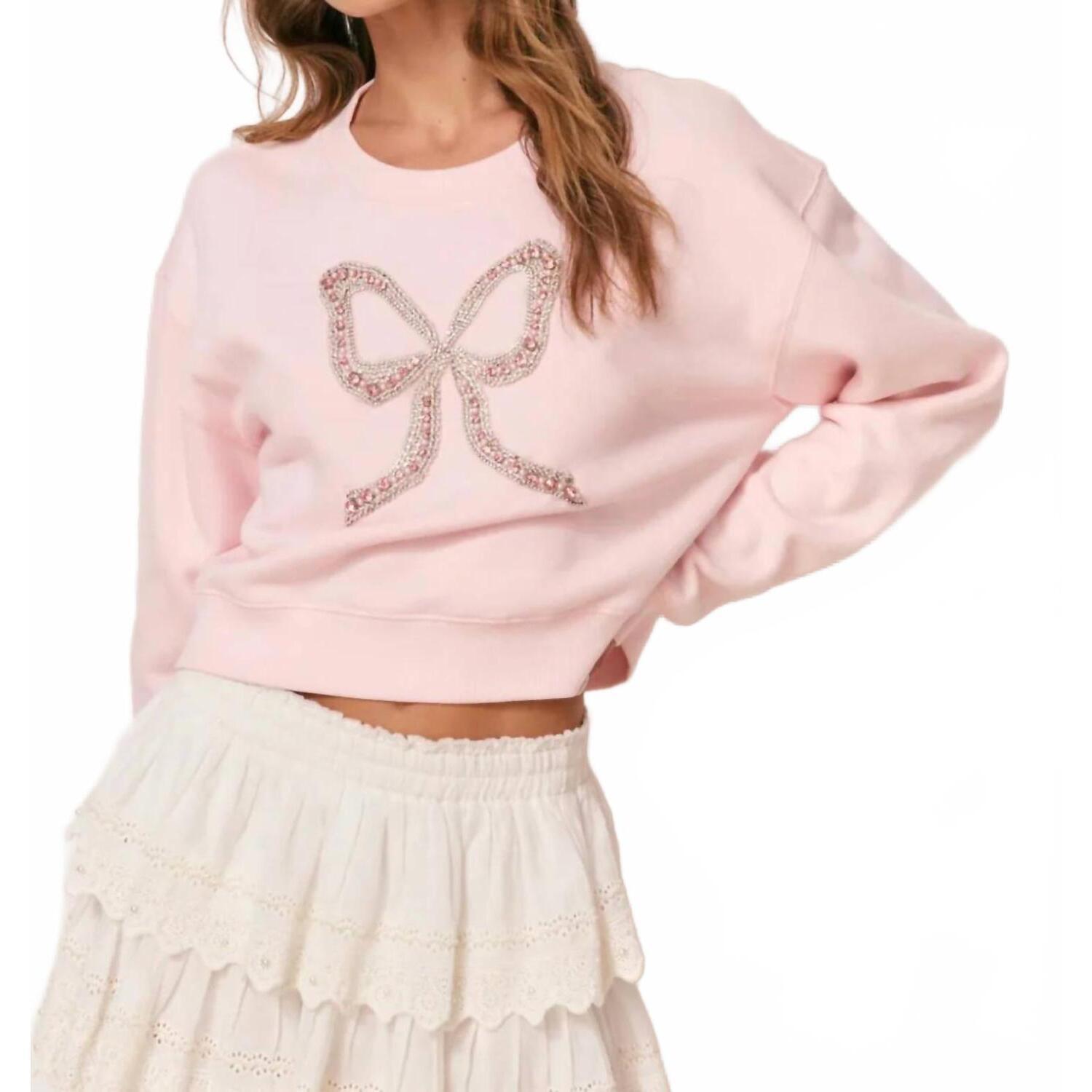 New Loveshackfancy Rylan Embellished Bow Fleece Pullover Sweater In Wistful Pink